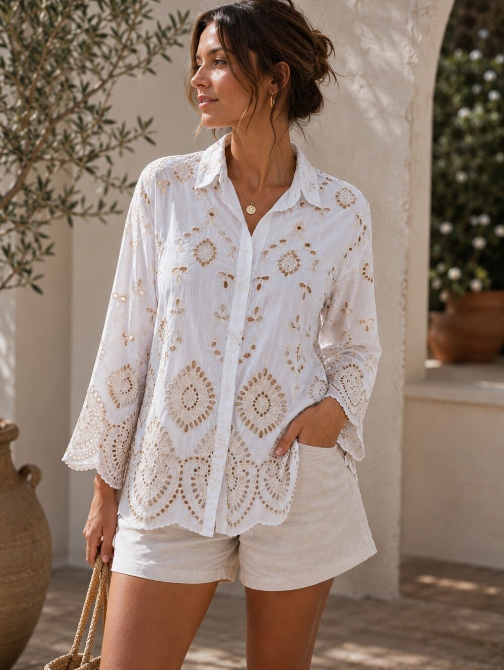 F&F White Cotton Eyelet Embroidered Boho Beach Button Front Blouse Sz 14